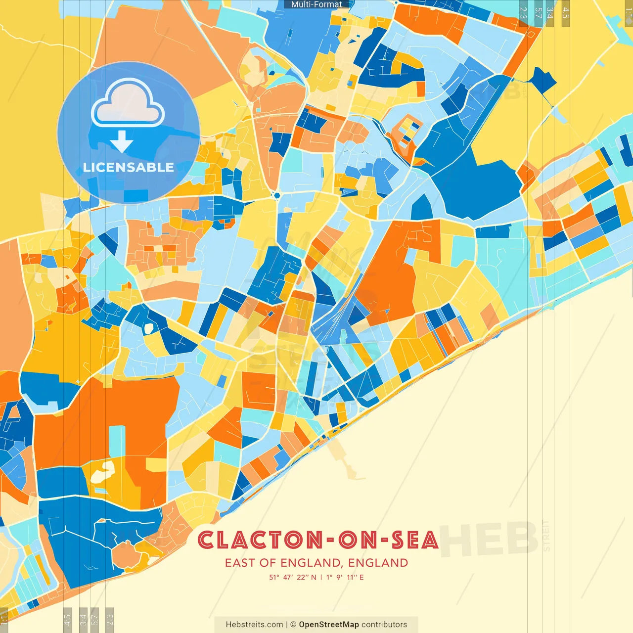 Clacton-on-Sea, East of England, England blue and orange vector art map template