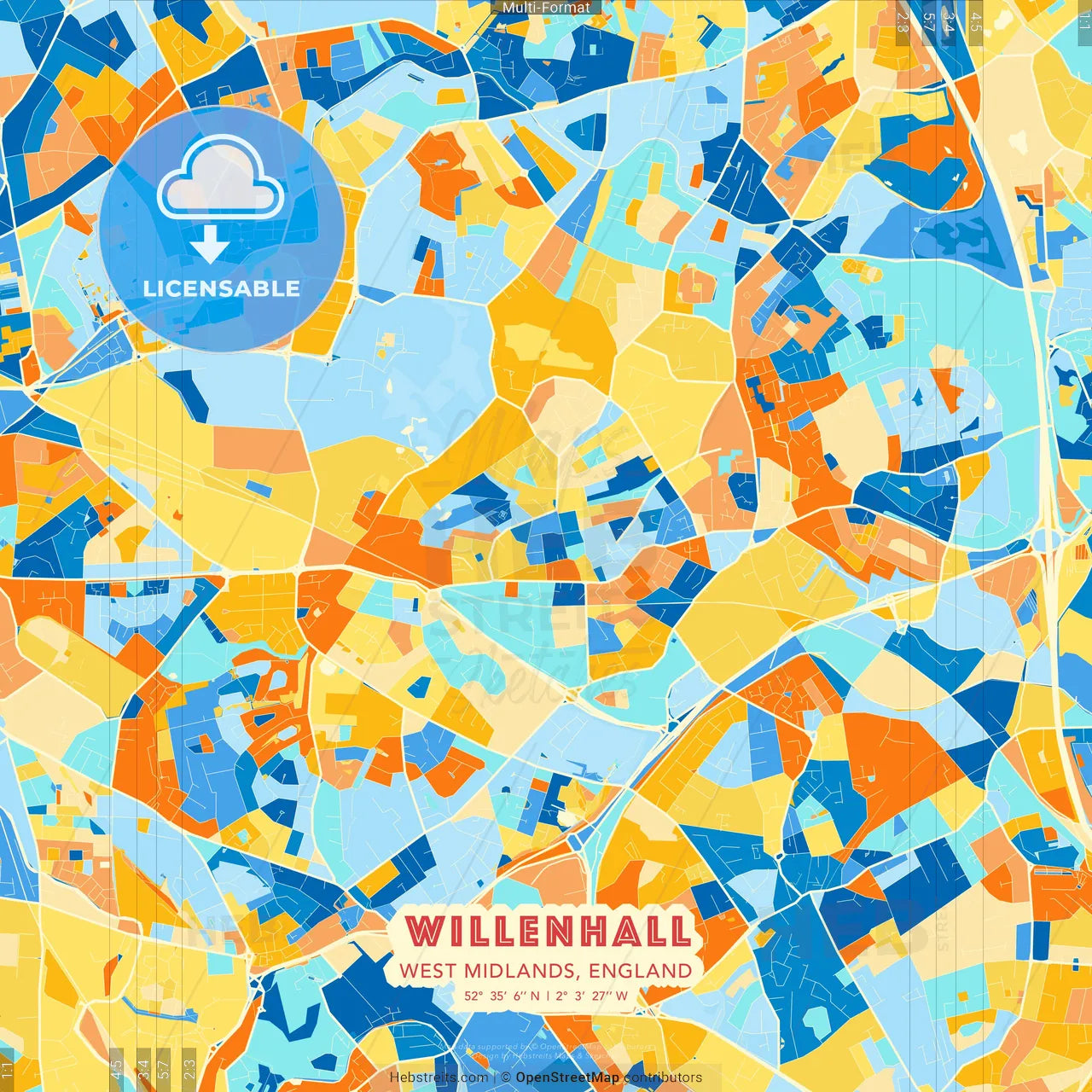 Willenhall, West Midlands, England blue and orange vector art map template