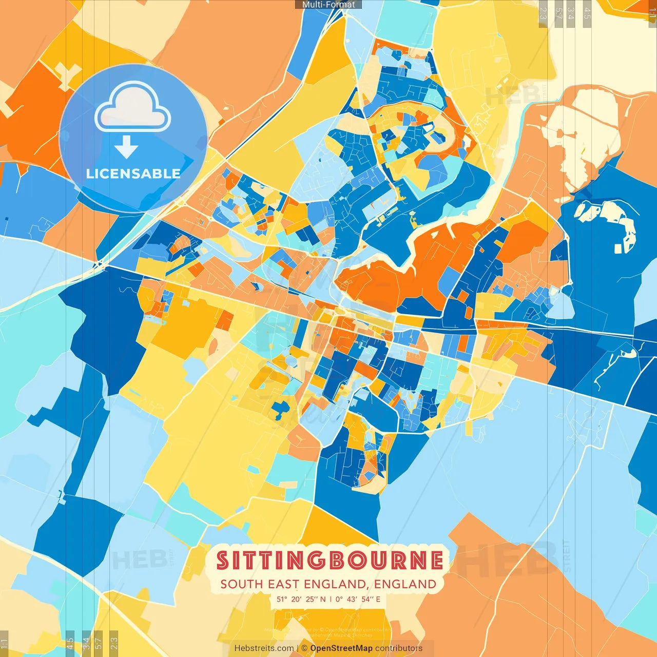 Sittingbourne, South East England, England blue and orange vector art map template