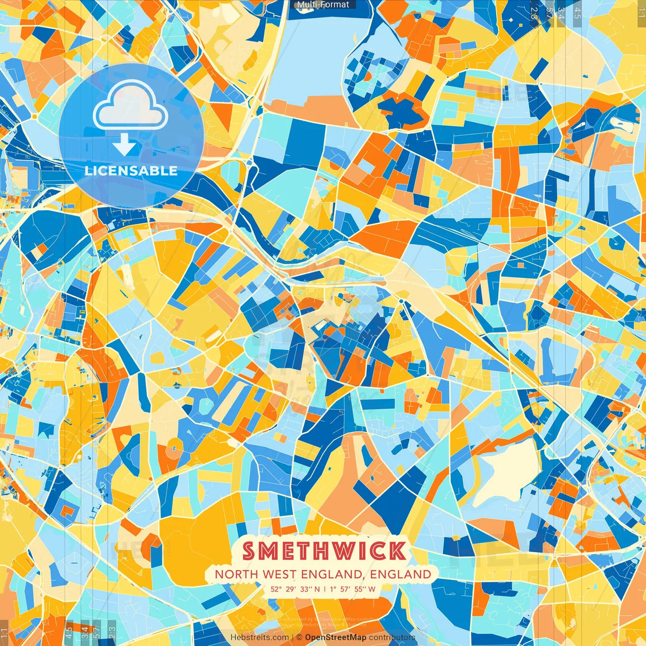 Smethwick, North West England, England blue and orange vector art map template