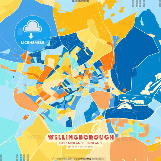 Wellingborough, East Midlands, England blue and orange vector art map template