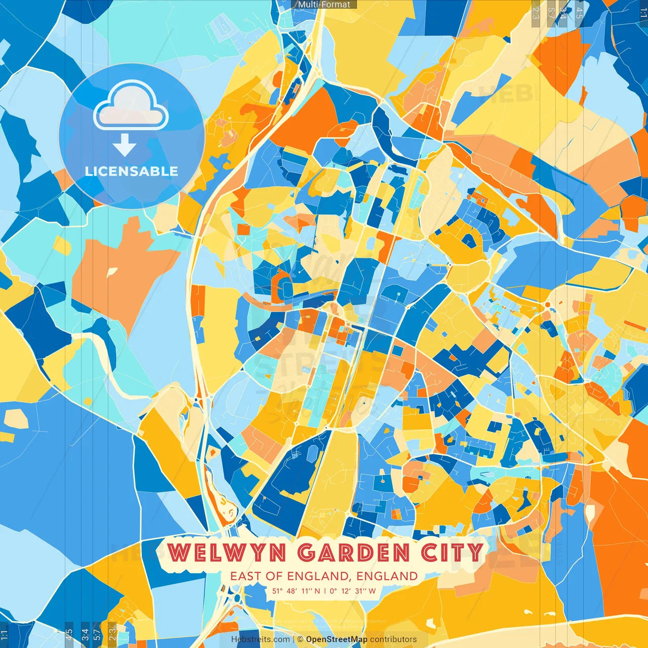 Welwyn Garden City, East of England, England blue and orange vector art map template