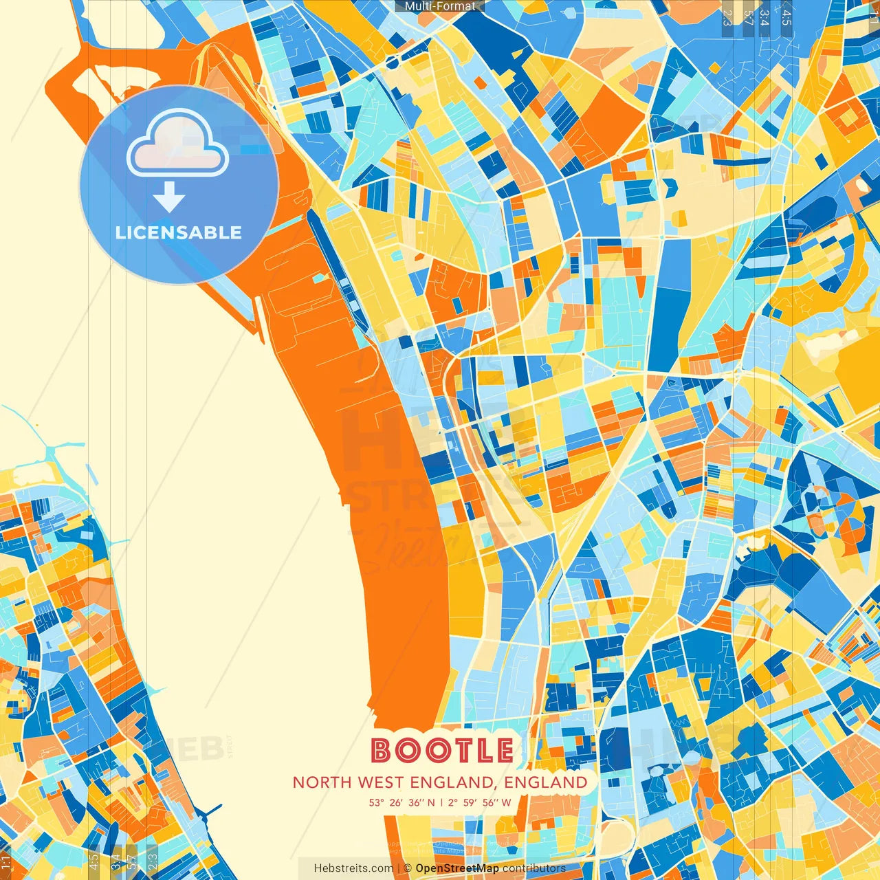 Bootle, North West England, England blue and orange vector art map template