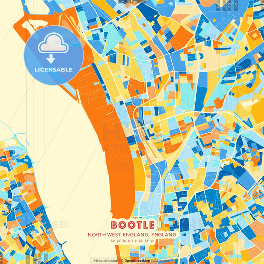 Bootle, North West England, England blue and orange vector art map template
