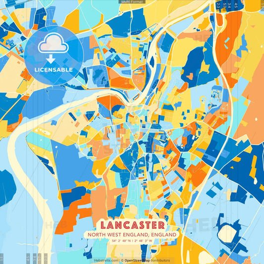 Lancaster, North West England, England blue and orange vector art map template