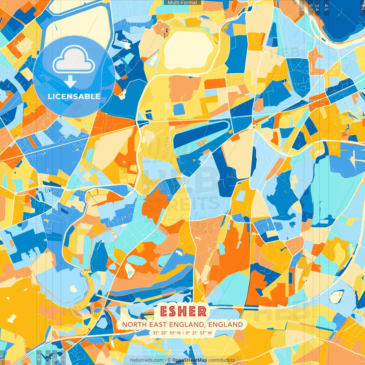 Esher, North East England, England blue and orange vector art map template