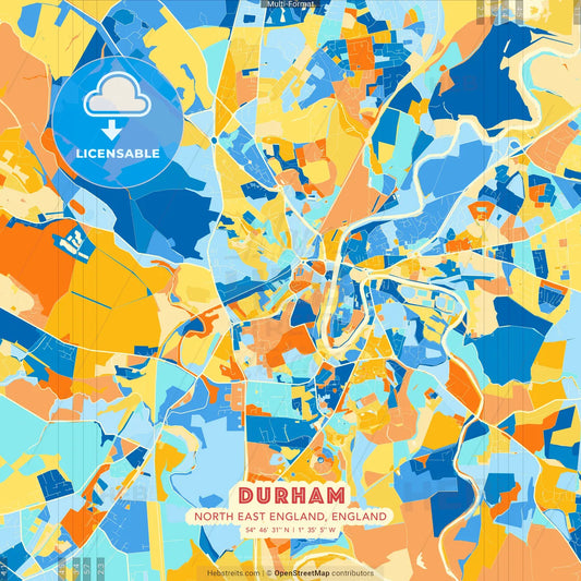Durham, North East England, England blue and orange vector art map template