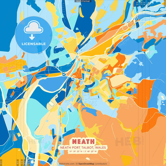 Neath, Neath Port Talbot, Wales blue and orange vector art map template