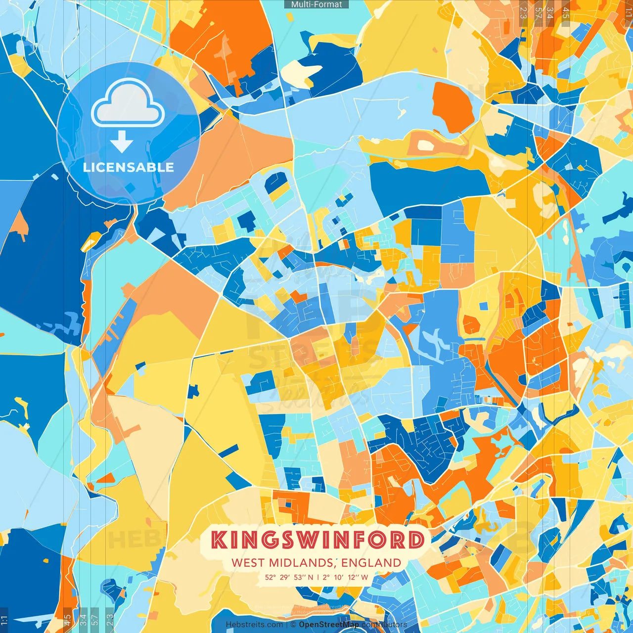 Kingswinford, West Midlands, England blue and orange vector art map template