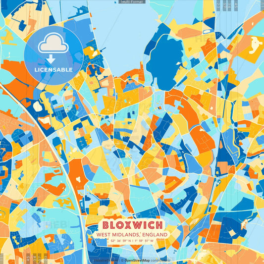 Bloxwich, West Midlands, England blue and orange vector art map template