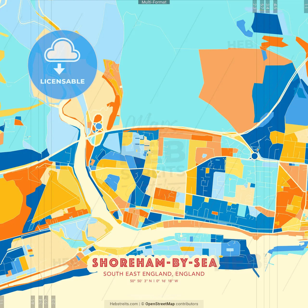 Shoreham-by-Sea, South East England, England blue and orange vector art map template