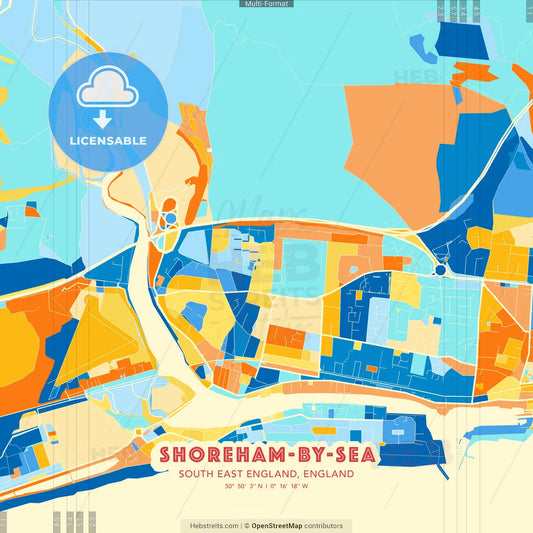 Shoreham-by-Sea, South East England, England blue and orange vector art map template