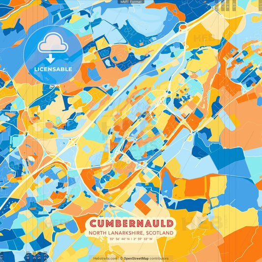 Cumbernauld, North Lanarkshire, Scotland blue and orange vector art map template