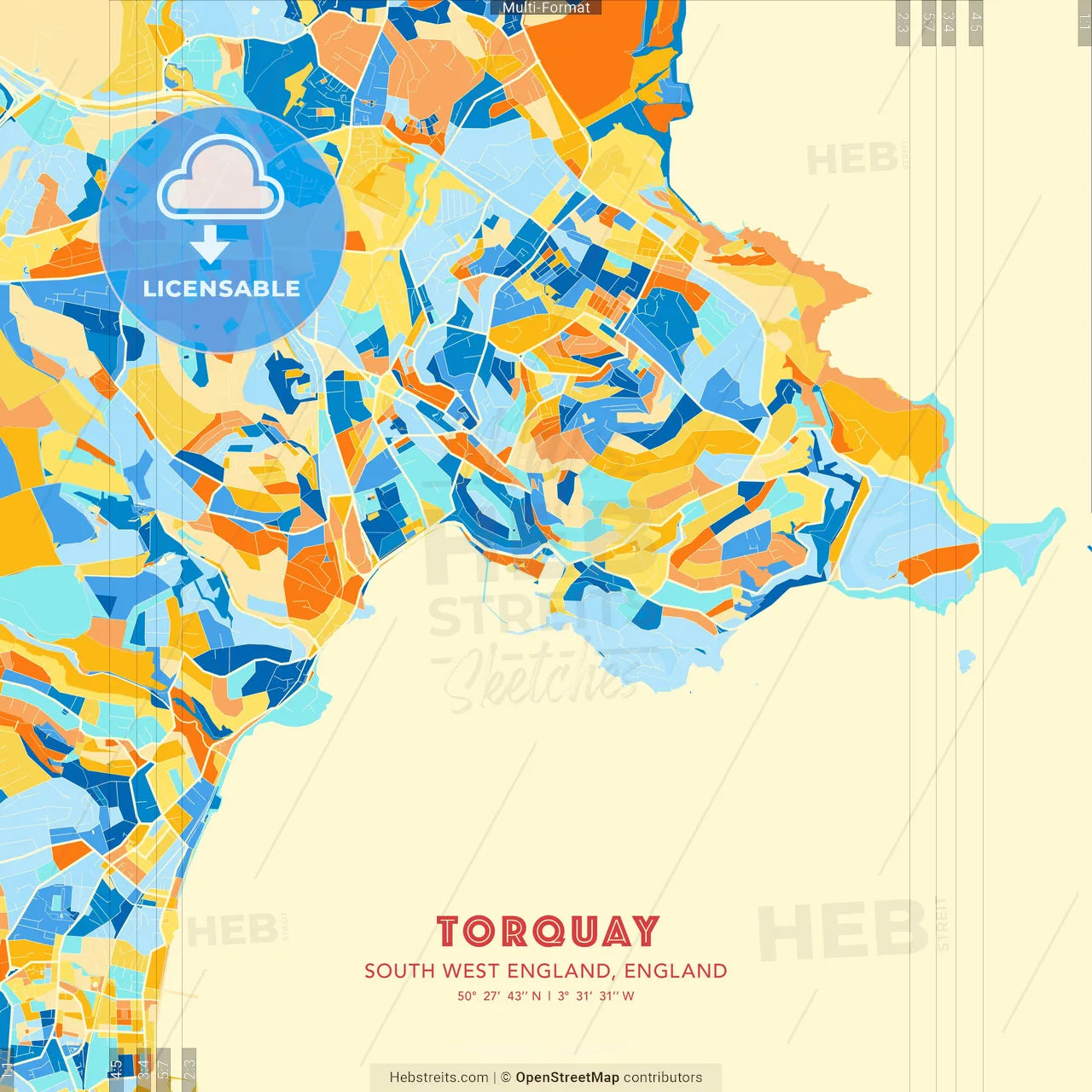 Torquay, South West England, England blue and orange vector art map template