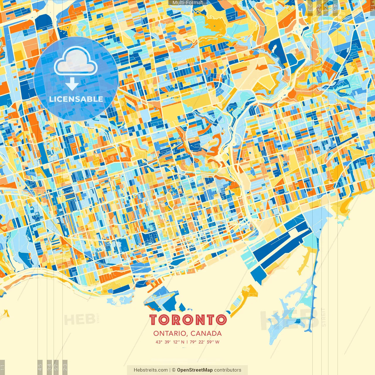 Toronto, Ontario, Canada blue and orange vector art map template