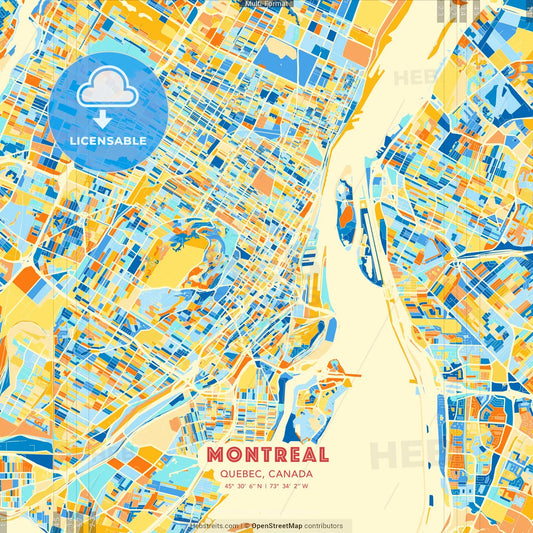 Montreal, Quebec, Canada blue and orange vector art map template