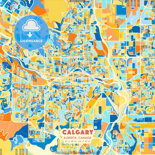 Calgary, Alberta, Canada blue and orange vector art map template