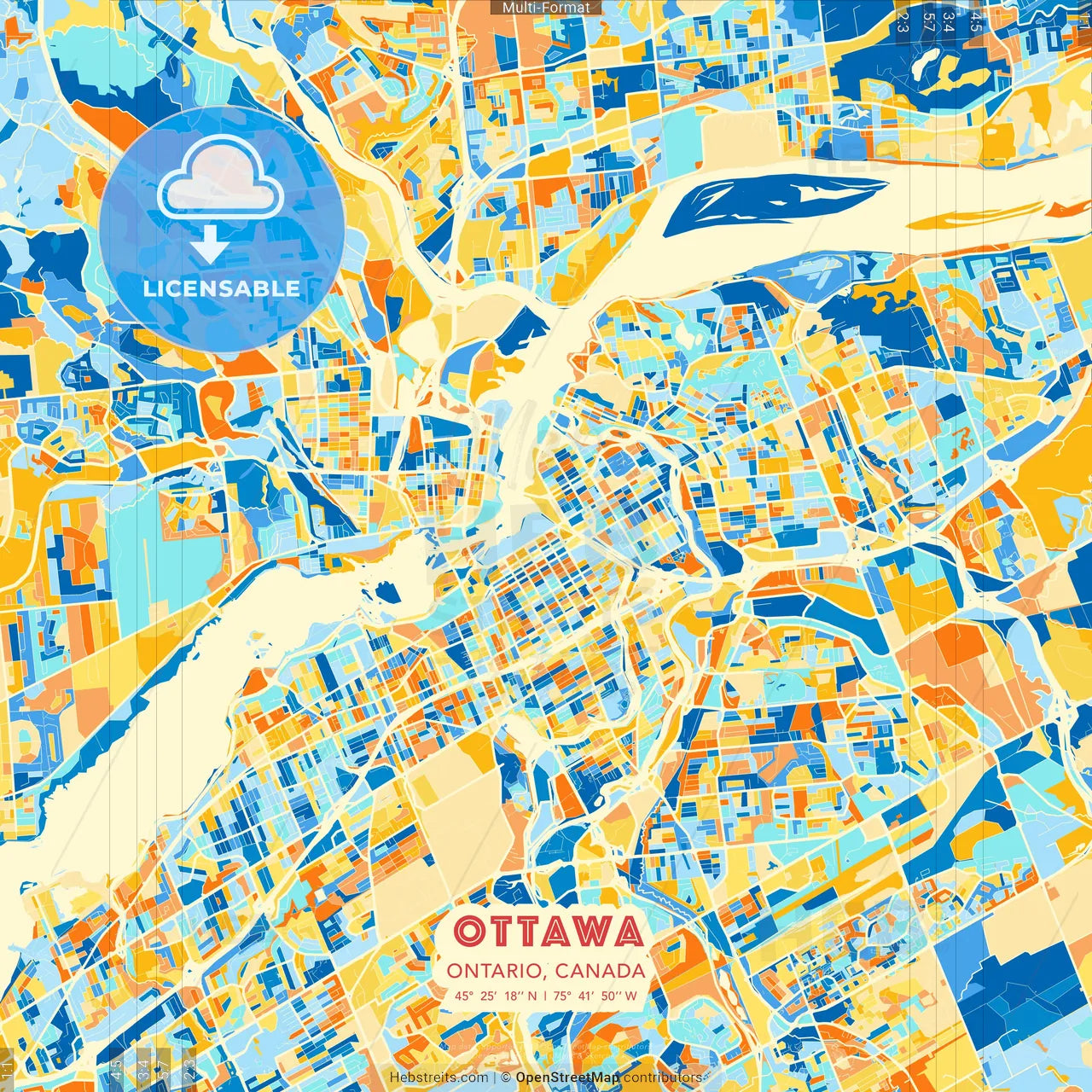 Ottawa, Ontario, Canada blue and orange vector art map template