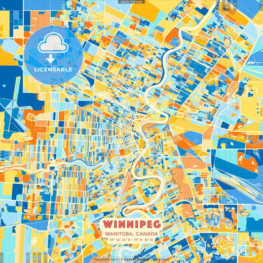 Winnipeg, Manitoba, Canada blue and orange vector art map template