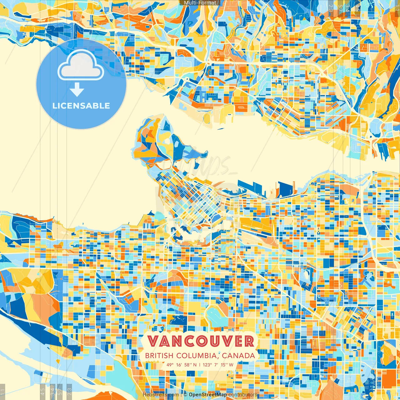 Vancouver, British Columbia, Canada blue and orange vector art map template