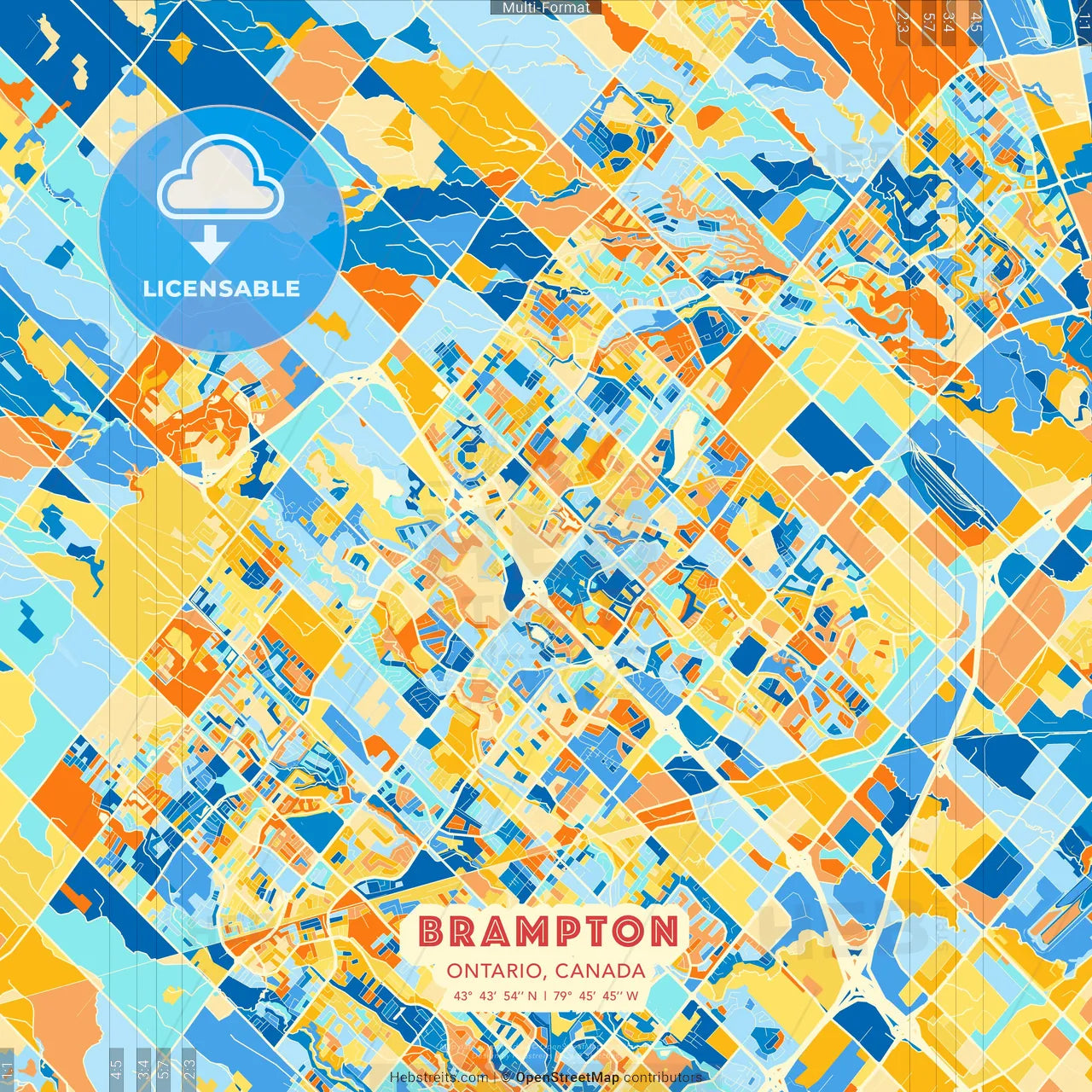 Brampton, Ontario, Canada blue and orange vector art map template