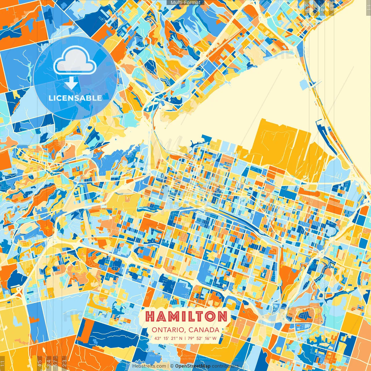 Hamilton, Ontario, Canada blue and orange vector art map template