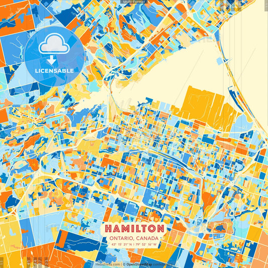 Hamilton, Ontario, Canada blue and orange vector art map template