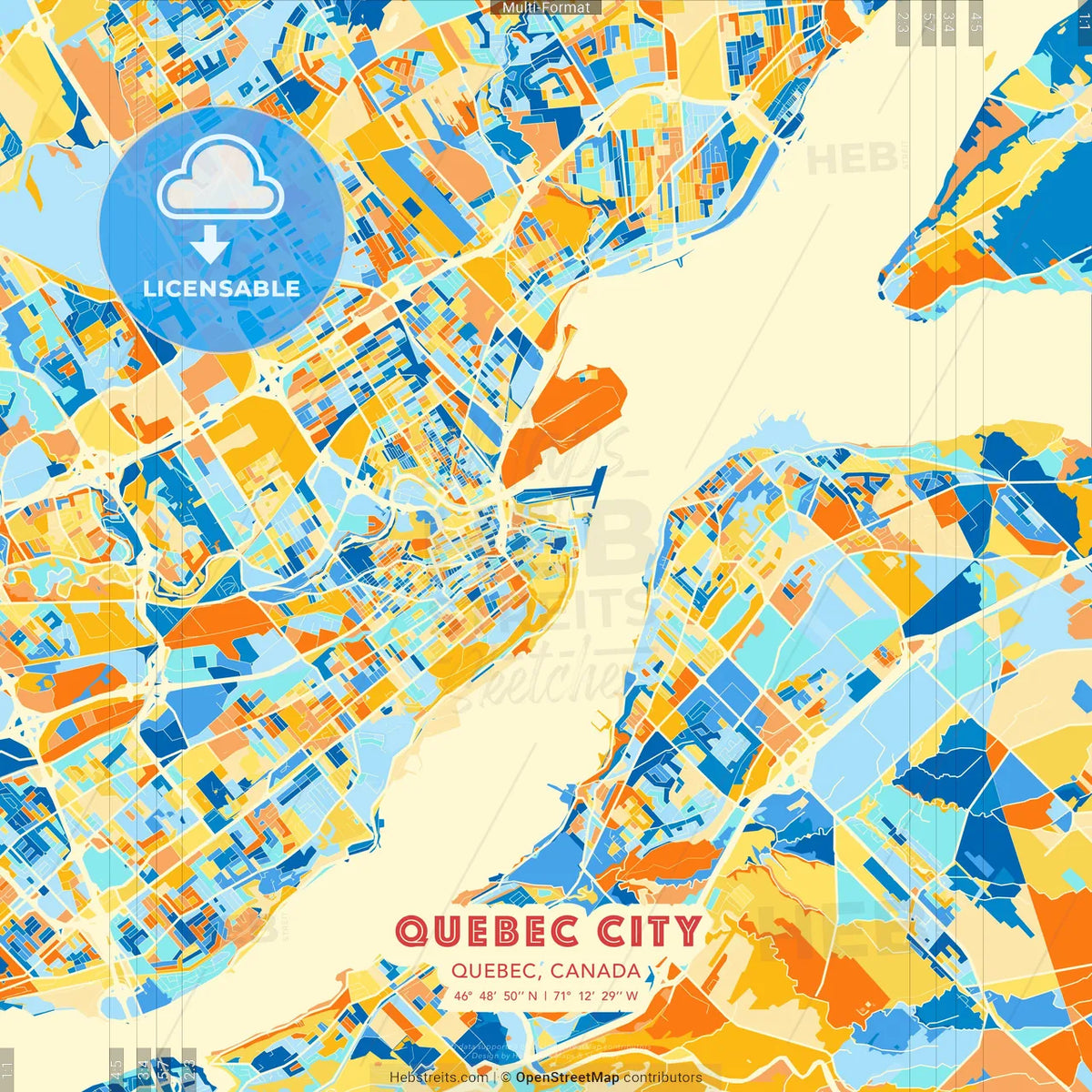 Quebec City, Quebec, Canada blue and orange vector art map template