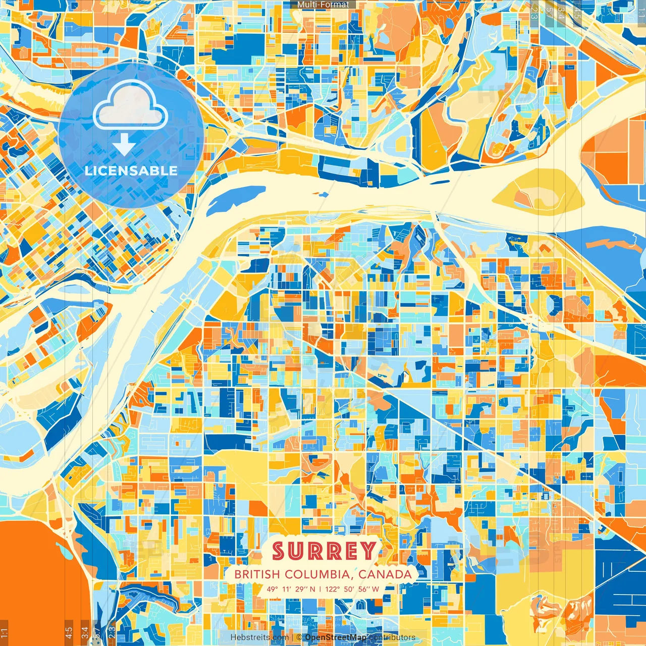 Surrey, British Columbia, Canada blue and orange vector art map template