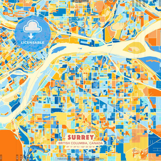 Surrey, British Columbia, Canada blue and orange vector art map template