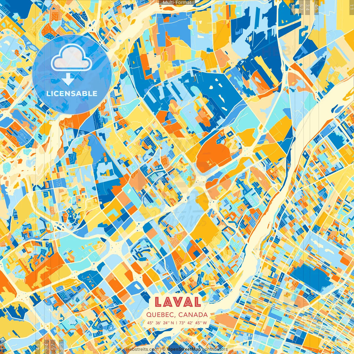 Laval, Quebec, Canada blue and orange vector art map template