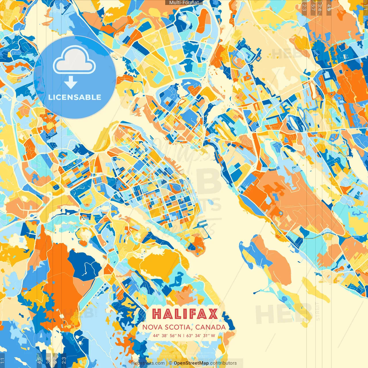 Halifax, Nova Scotia, Canada blue and orange vector art map template