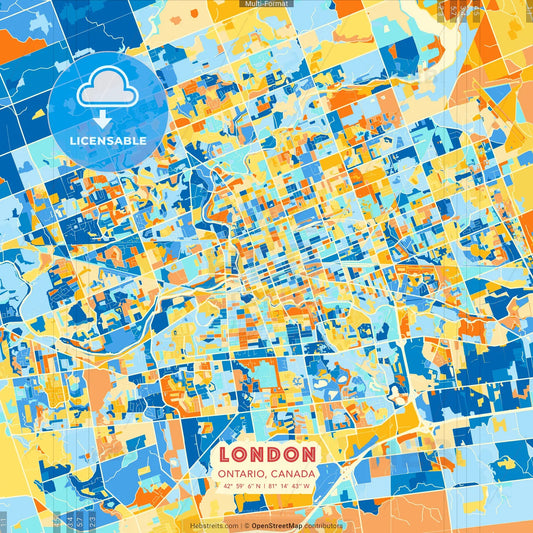 London, Ontario, Canada blue and orange vector art map template