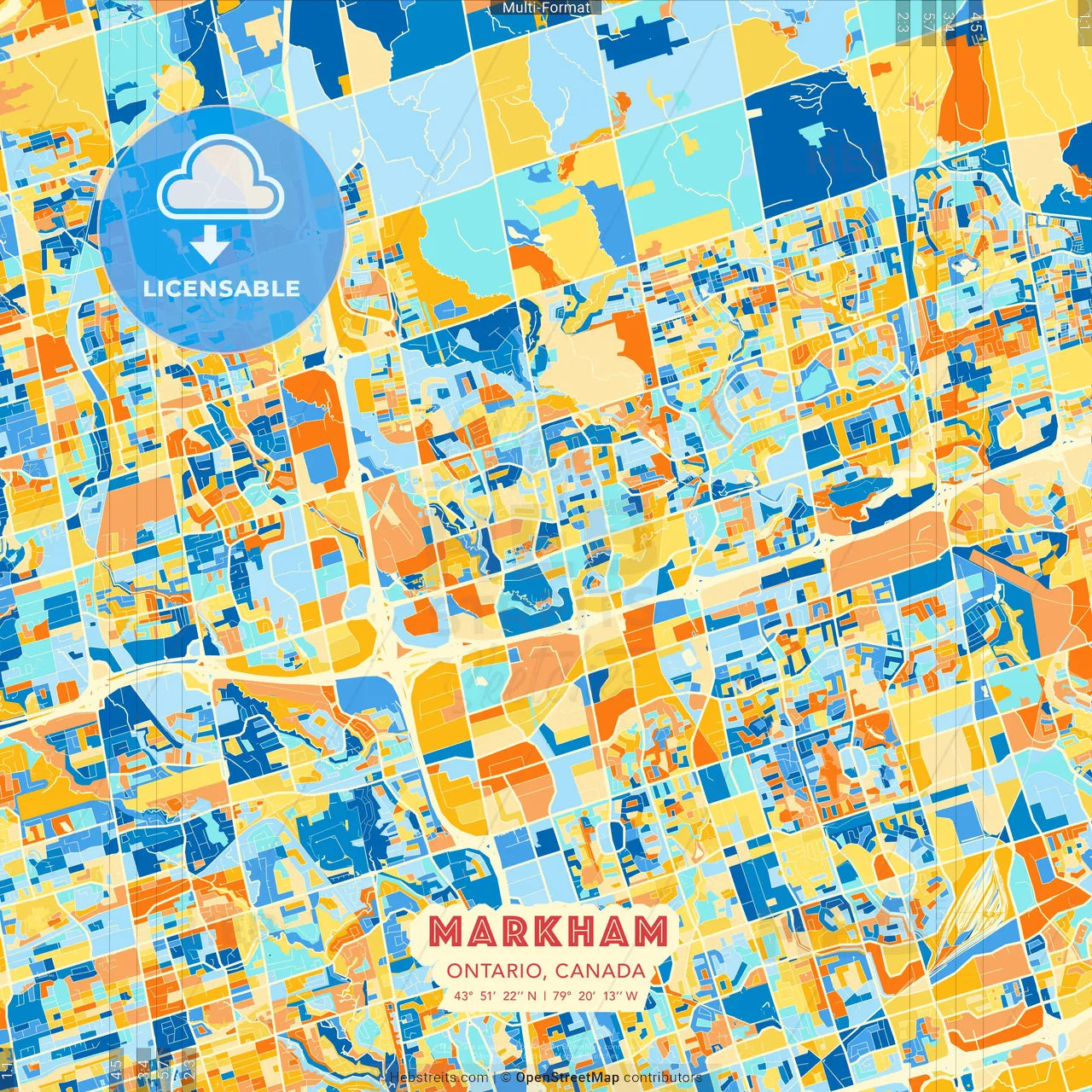 Markham, Ontario, Canada blue and orange vector art map template