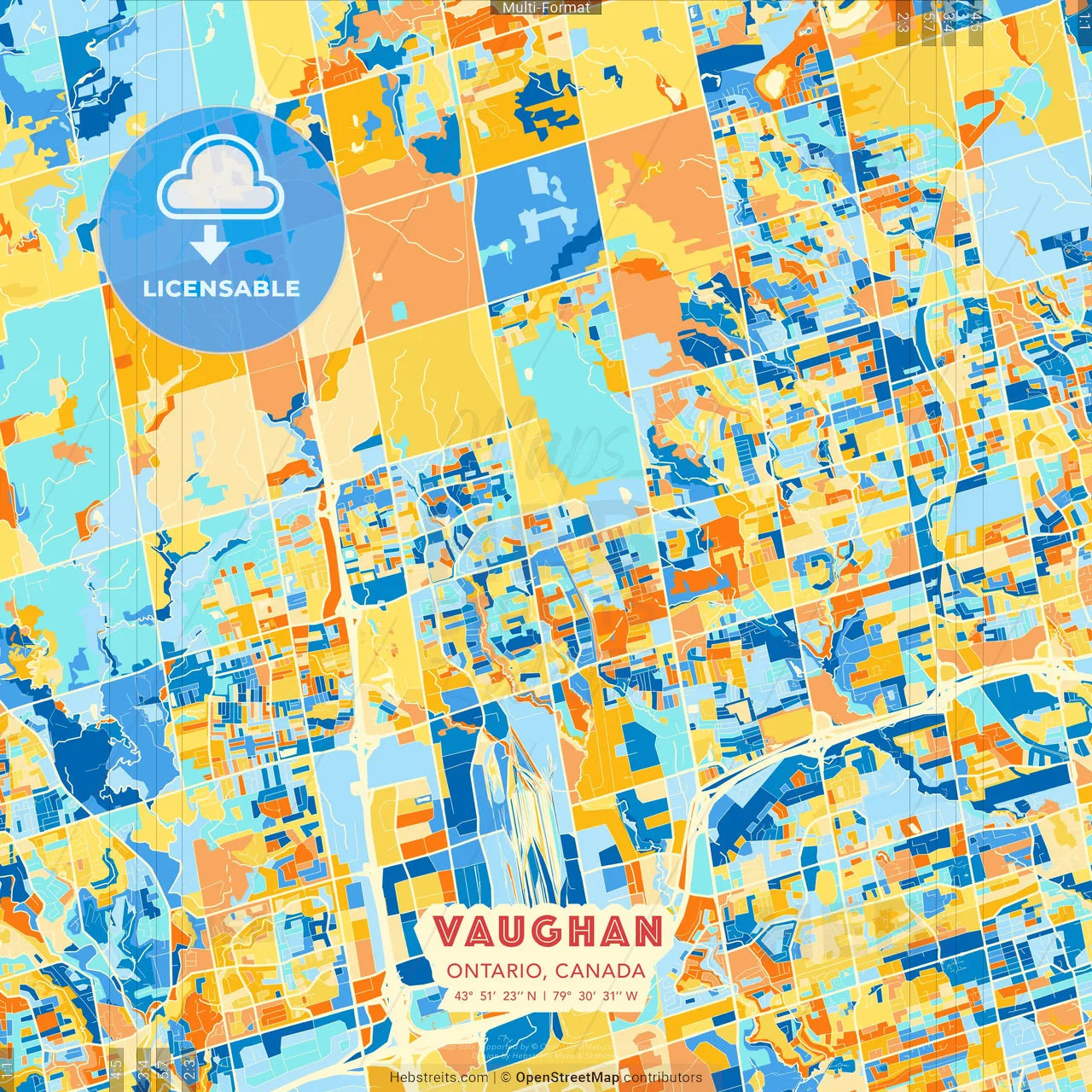 Vaughan, Ontario, Canada blue and orange vector art map template