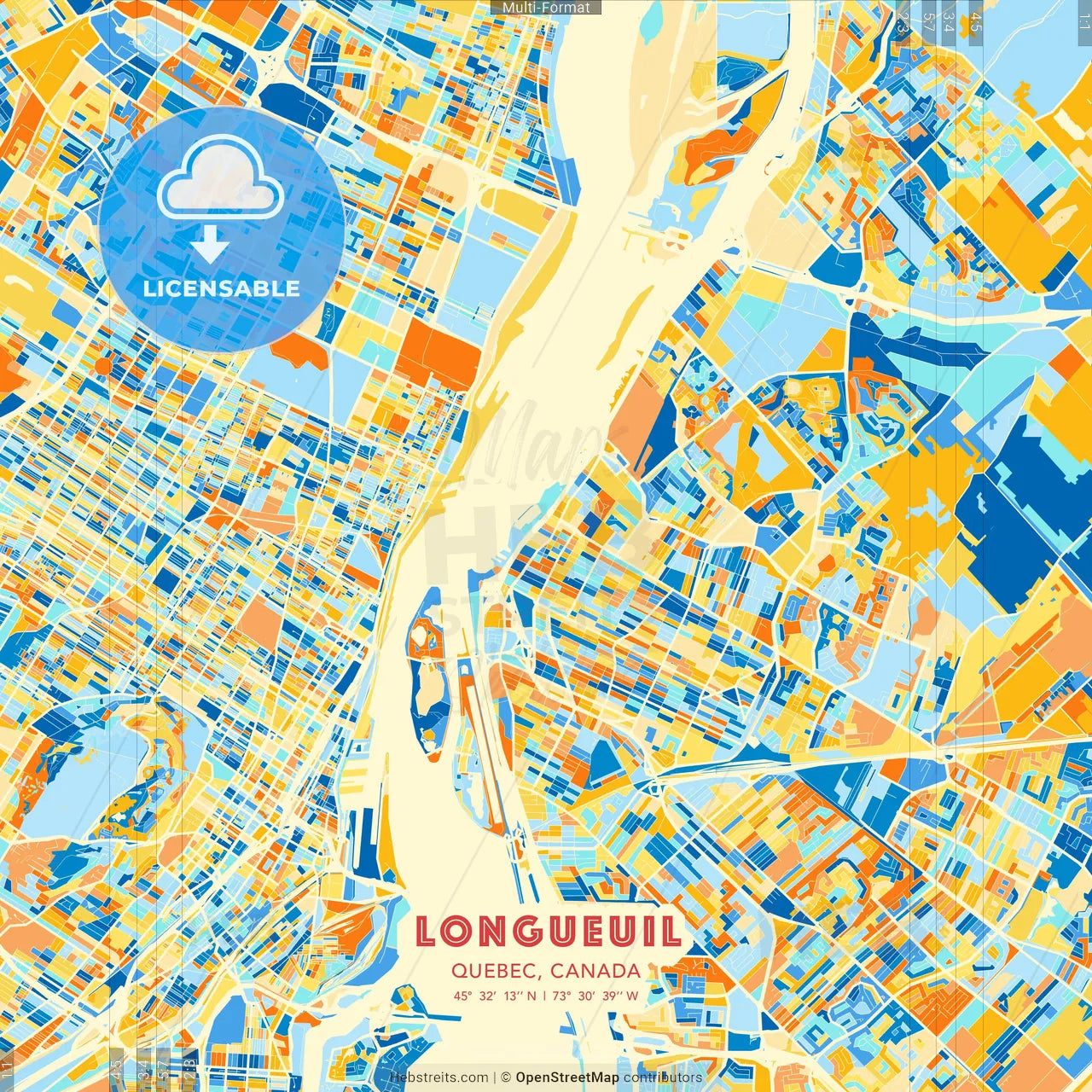 Longueuil, Quebec, Canada blue and orange vector art map template