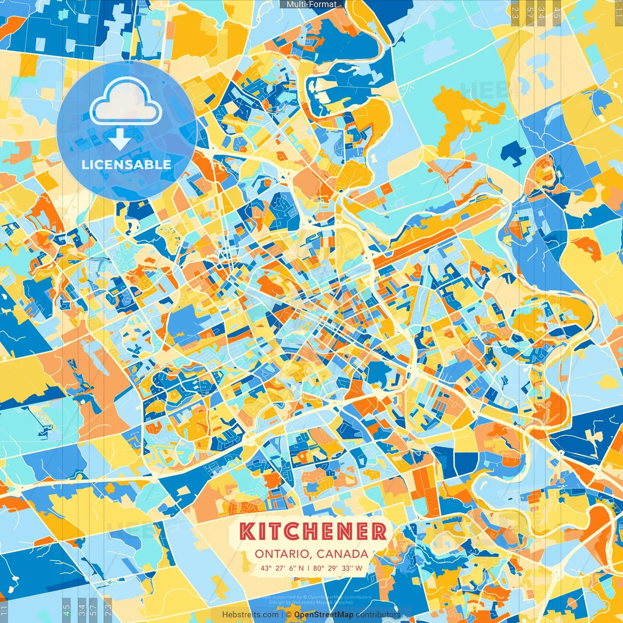 Kitchener, Ontario, Canada blue and orange vector art map template