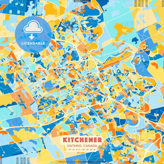Kitchener, Ontario, Canada blue and orange vector art map template