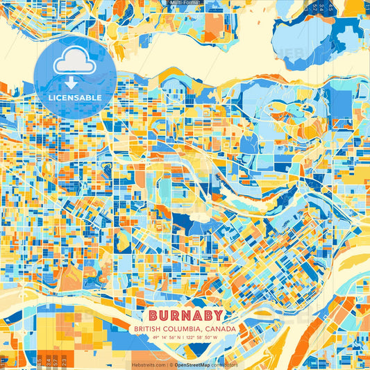 Burnaby, British Columbia, Canada blue and orange vector art map template