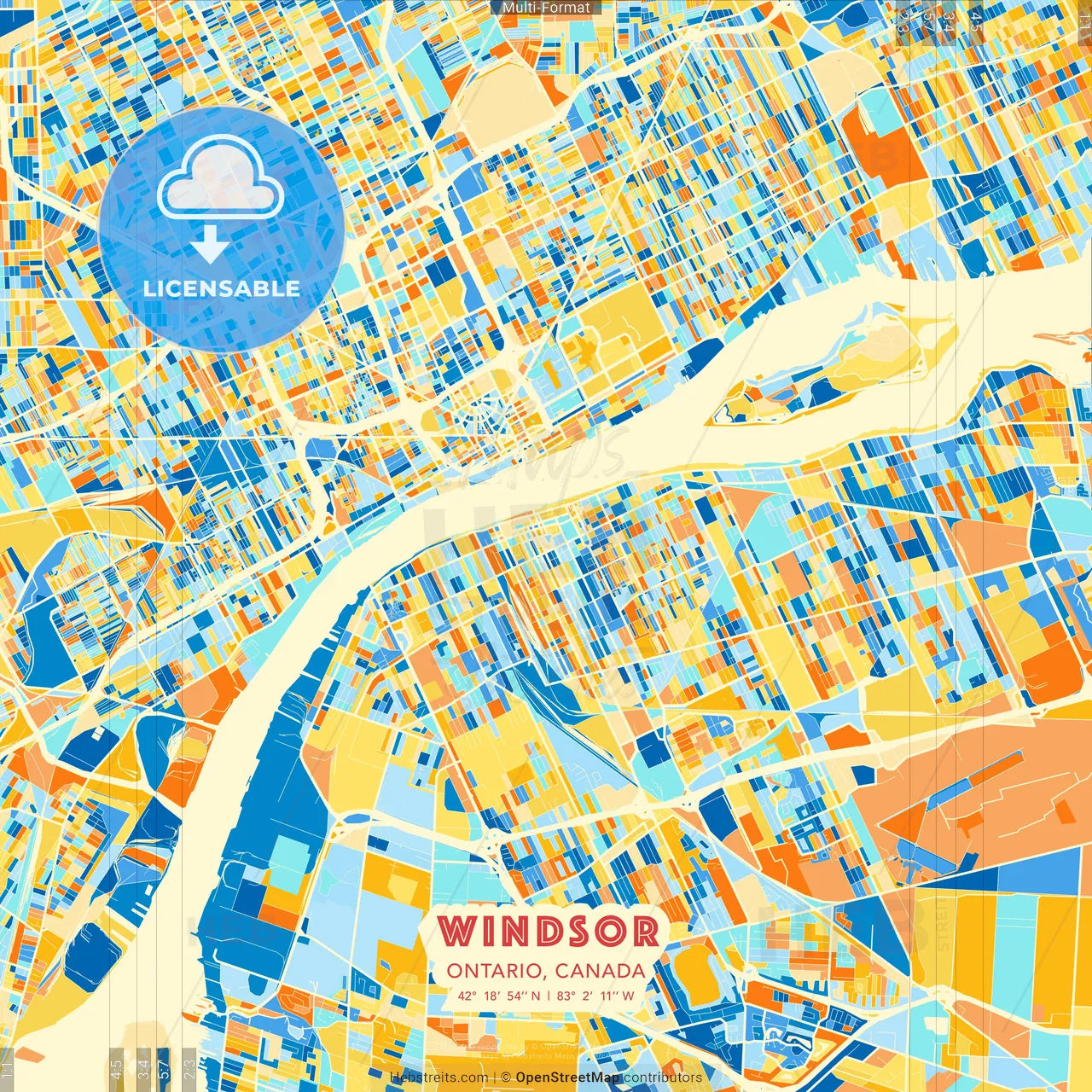 Windsor, Ontario, Canada blue and orange vector art map template