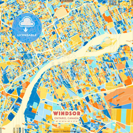 Windsor, Ontario, Canada blue and orange vector art map template
