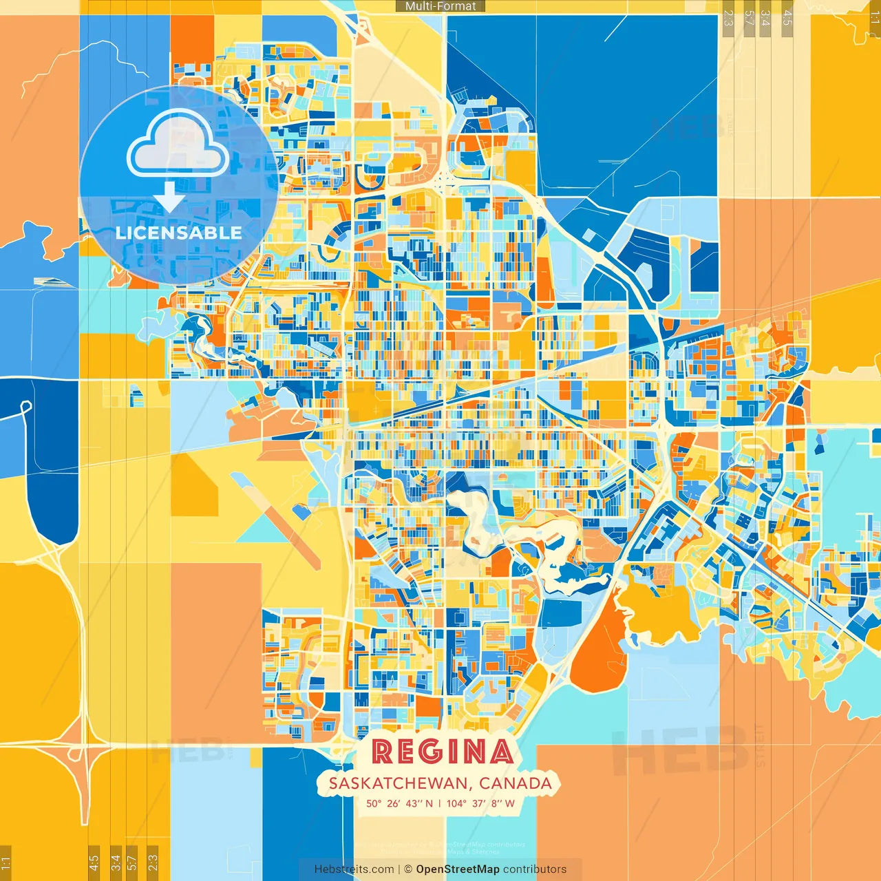 Regina, Saskatchewan, Canada blue and orange vector art map template