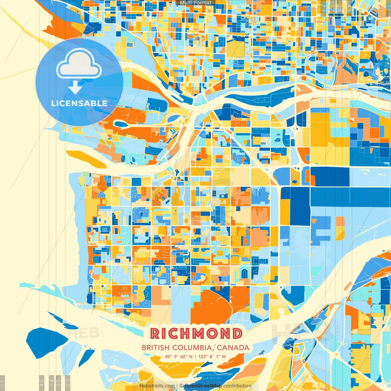 Richmond, British Columbia, Canada blue and orange vector art map template