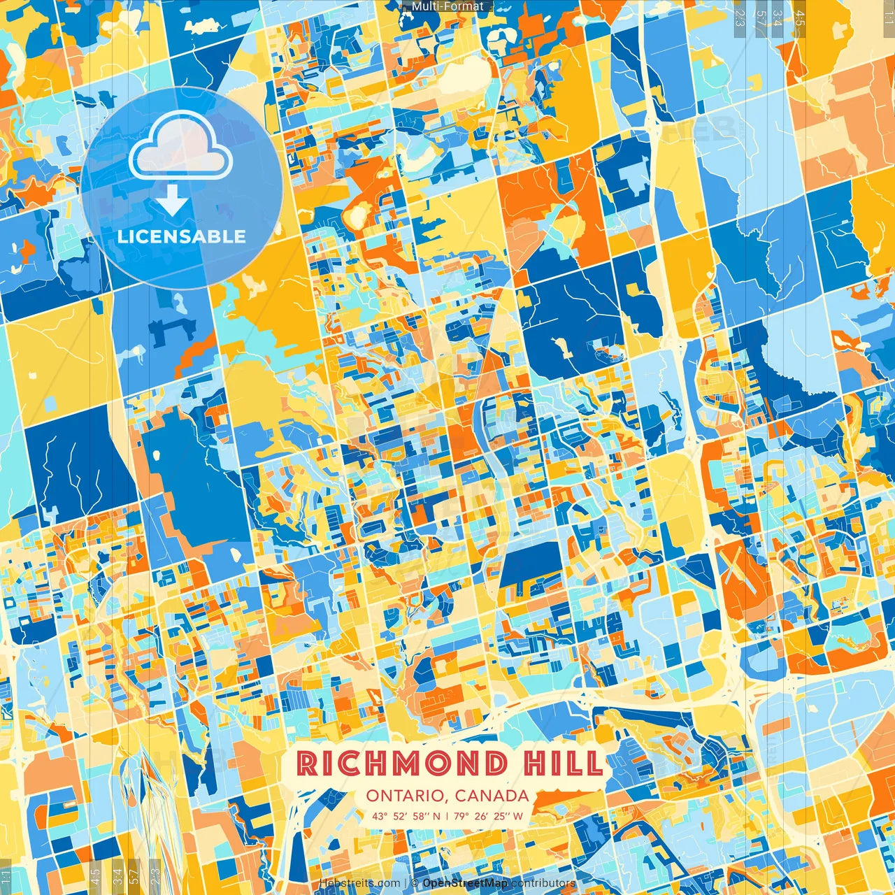 Richmond Hill, Ontario, Canada blue and orange vector art map template
