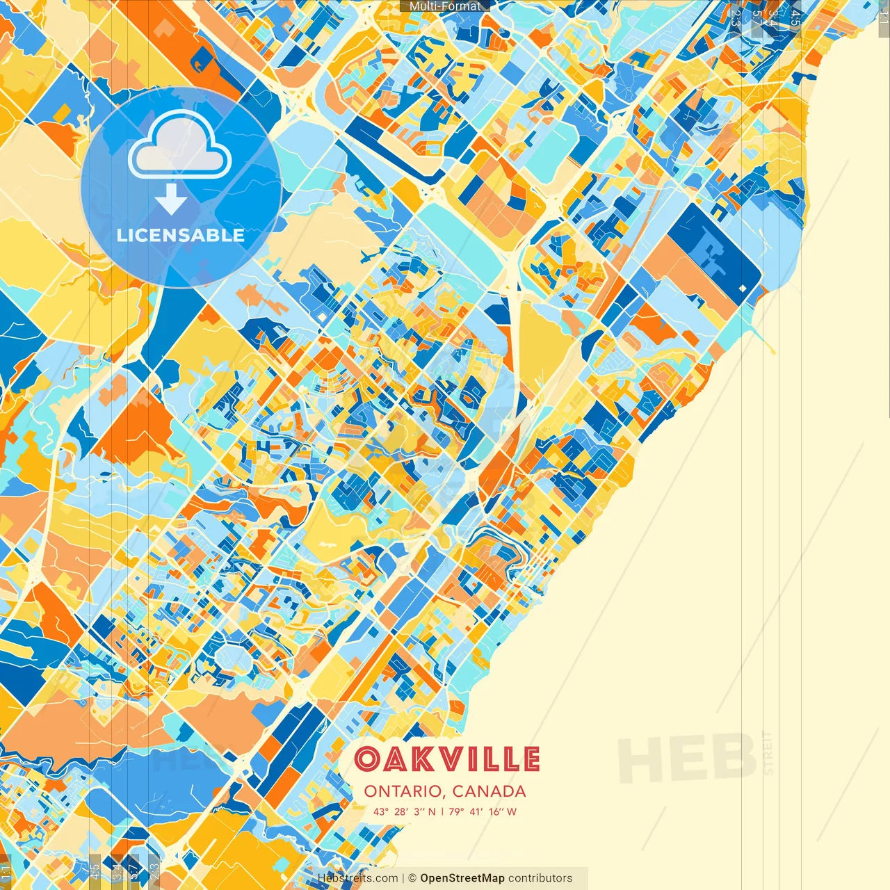 Oakville, Ontario, Canada blue and orange vector art map template