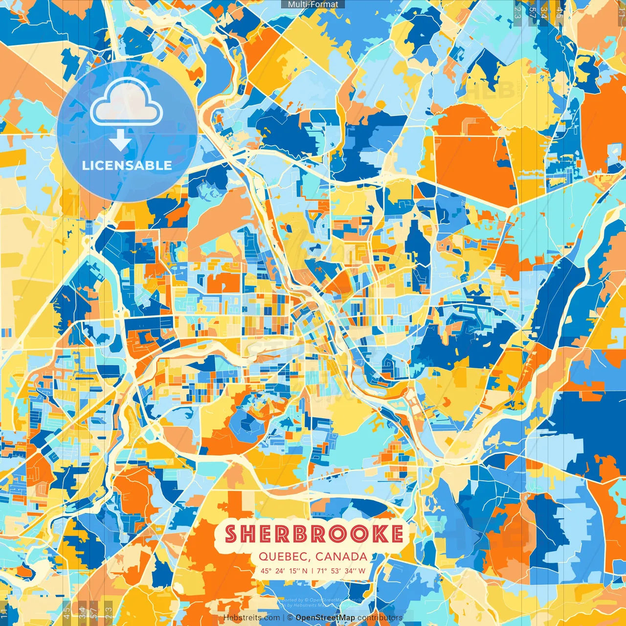 Sherbrooke, Quebec, Canada blue and orange vector art map template