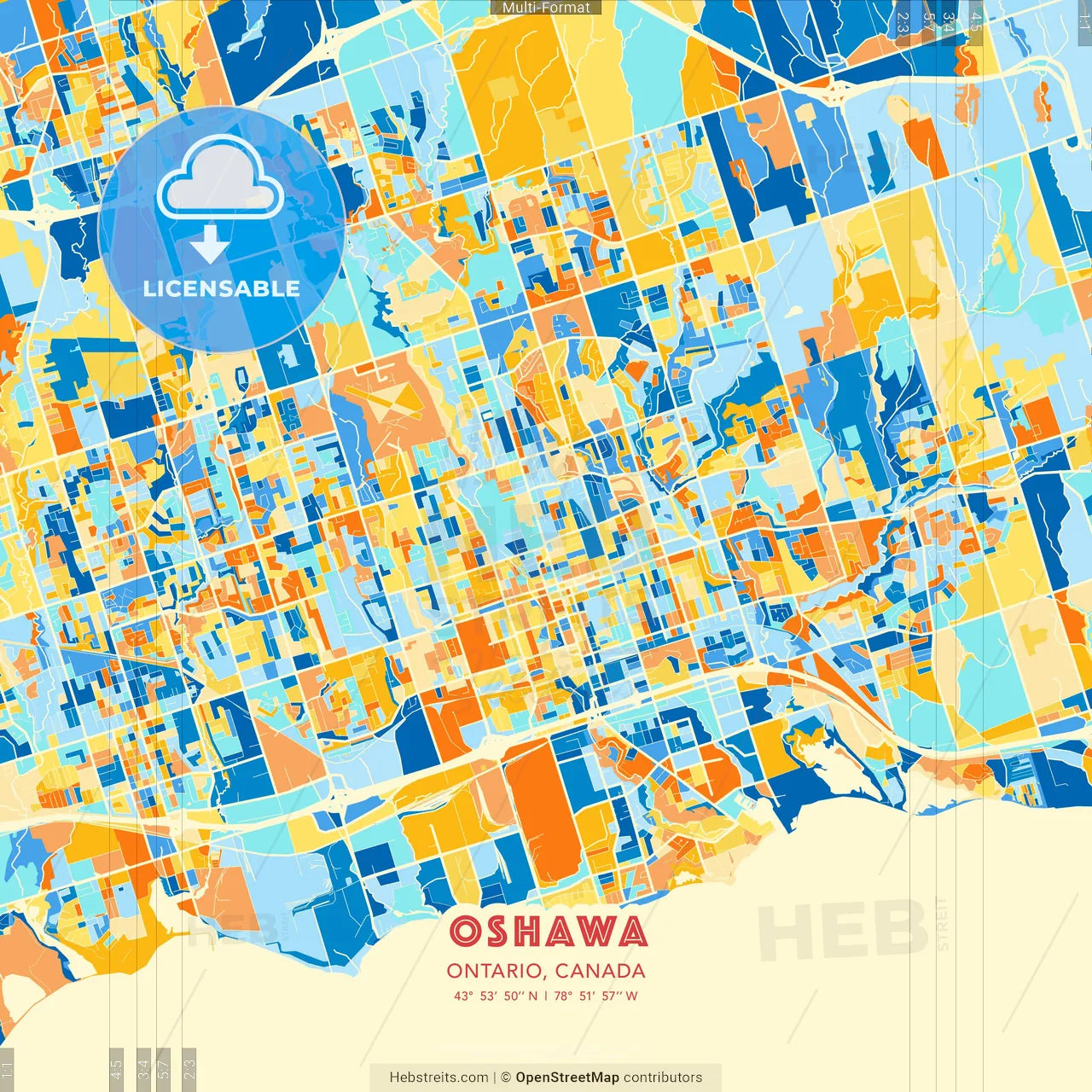 Oshawa, Ontario, Canada blue and orange vector art map template