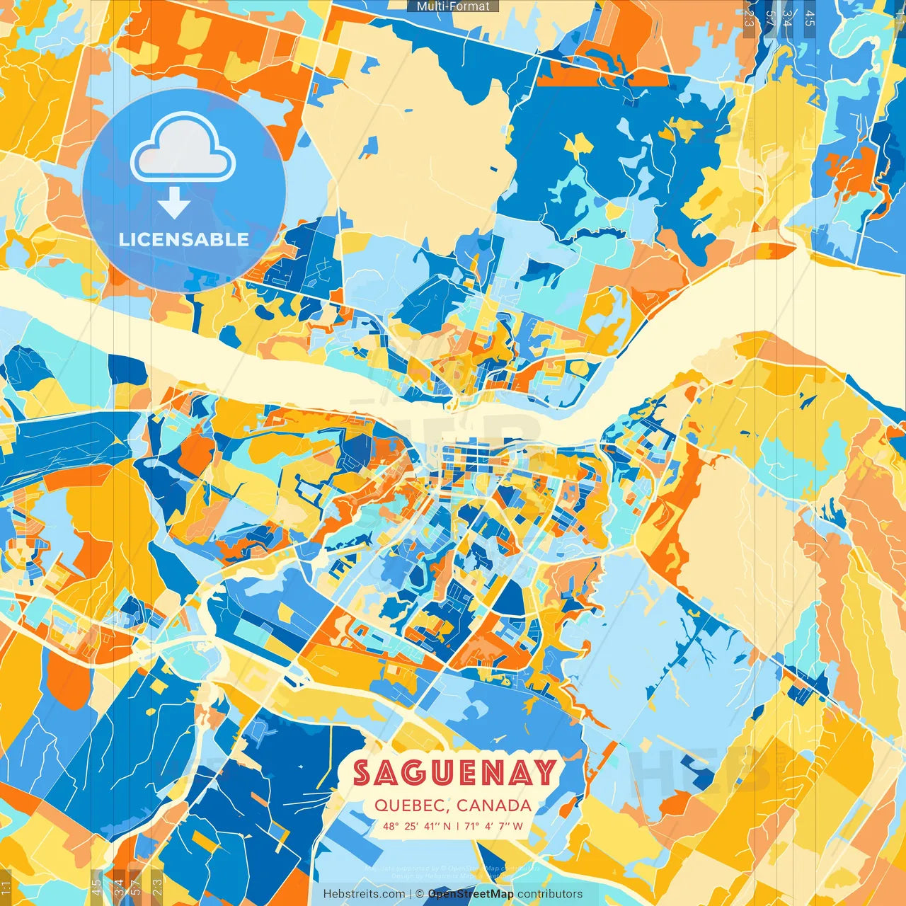 Saguenay, Quebec, Canada blue and orange vector art map template