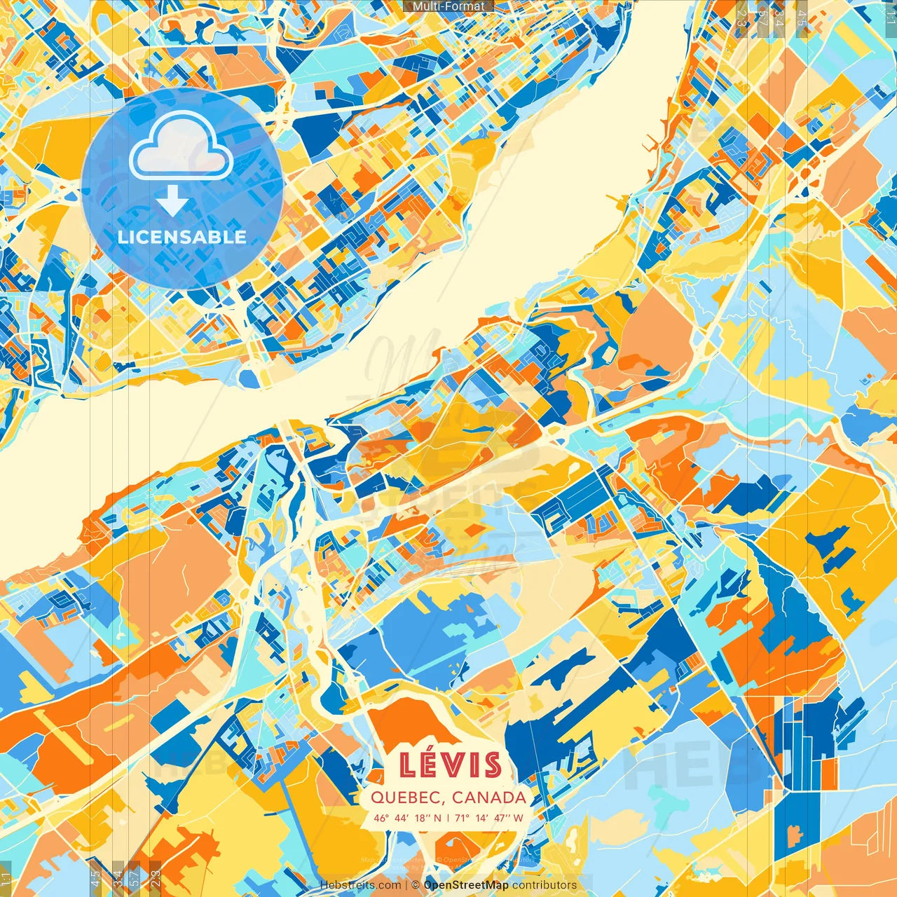 Lévis, Quebec, Canada blue and orange vector art map template