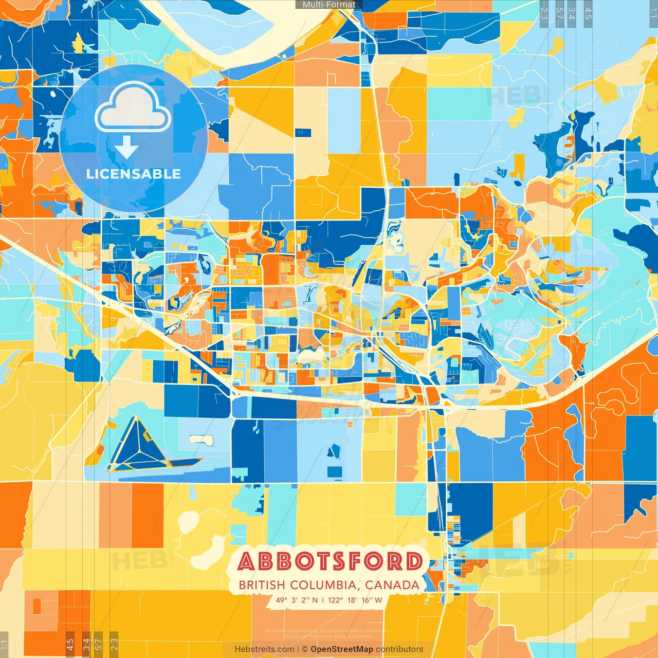 Abbotsford, British Columbia, Canada blue and orange vector art map template